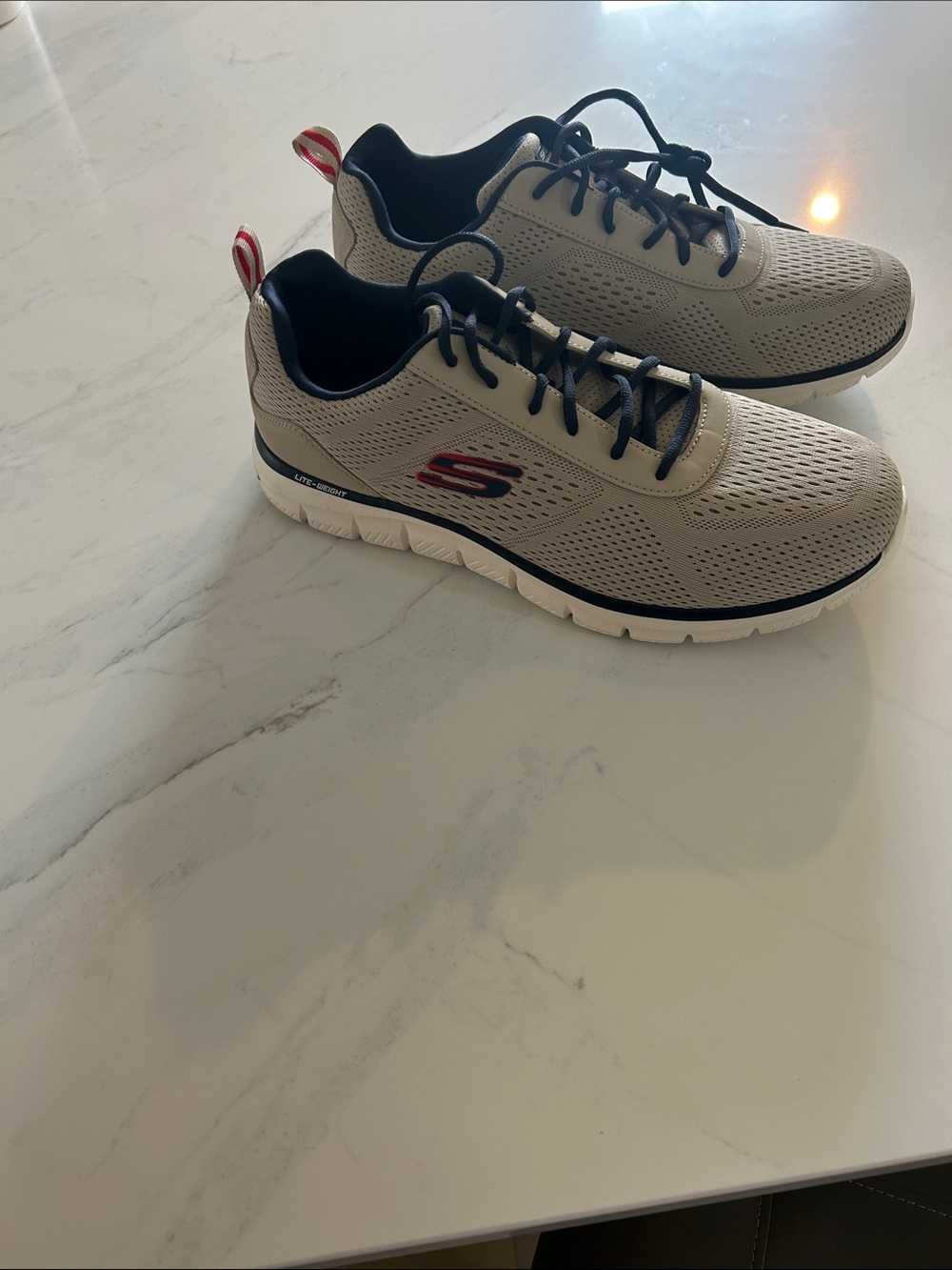 Skechers Men's Light Gray and Navy Athletic Sneakers with Red Accents
